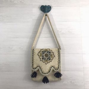Cream Felt Teal Embroidered Medallion Bag